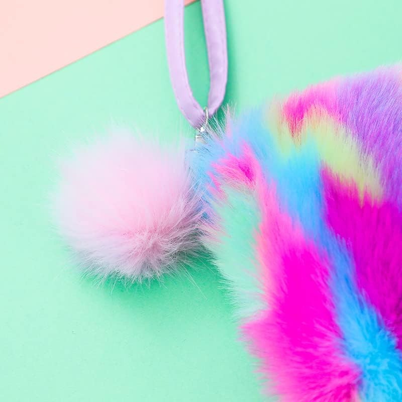 Newfancy Women Girls Kids Fluffy Fuzzy Bag Plush Tie Dye Rainbow Crossbody Purse Wallet - Image 4